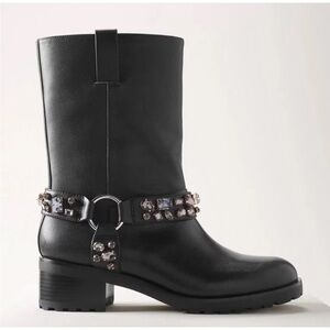WHBM Vegan Leather Black‎ Moto Gem Rhinestone Studded Combat Boots, Size 6